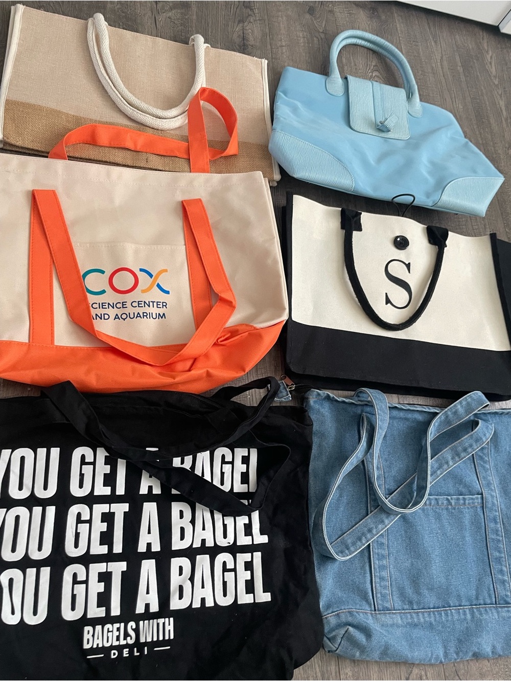 Lot of 6 Canvas & Denim Tote Bags Multicolor Solid Logo S, Bagels/Cox Sci